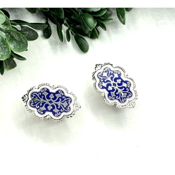 Silver Tone with Blue Enamel Design Cufflinks - Picture 1 of 6